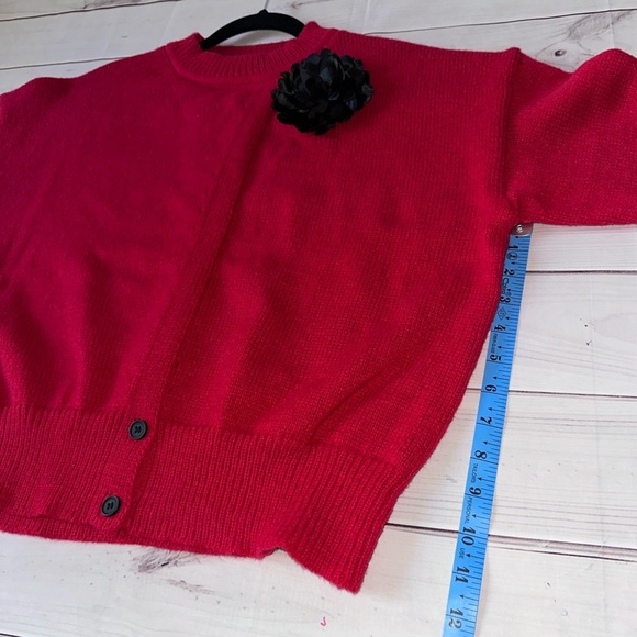 Shein Red Knit Cardigan with Black Flower Accent – Size M Office Church Party - Picture 8 of 11